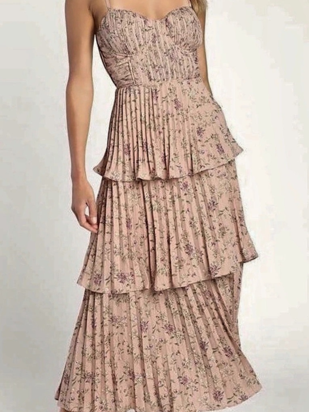 Lulus Alluring Invite Light Pink Floral Pleated Bustier Midi Dress Small